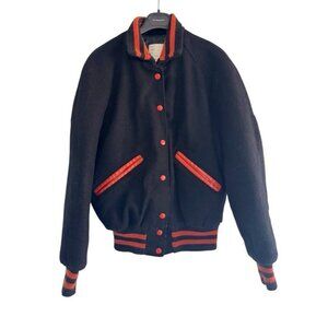 Vintage 90s DeLong Woman's Sz 36 (S) Varsity Bomber Jacket Black Orange Wool USA